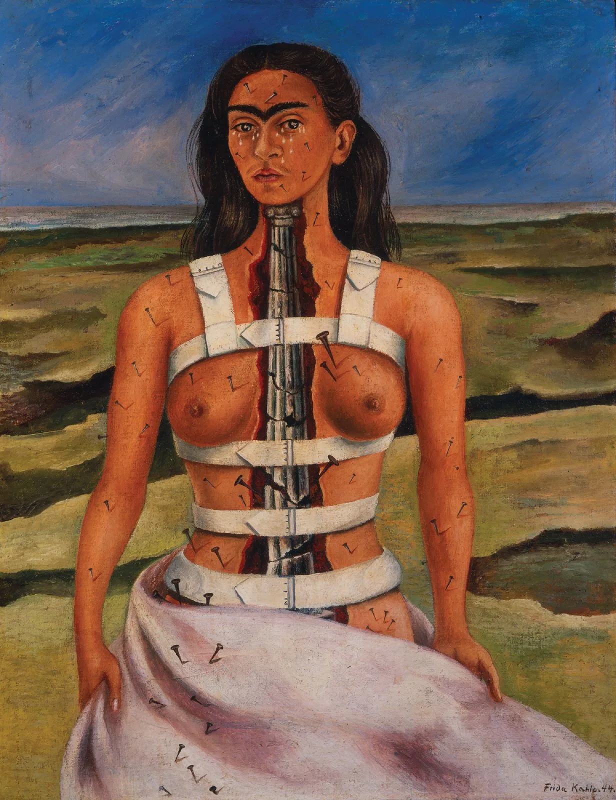 Peinture de Frida Kahlo représentant une femme avec une colonne grecque brisée à la place de la colonne vertébrale et des clous partout sur le corps.